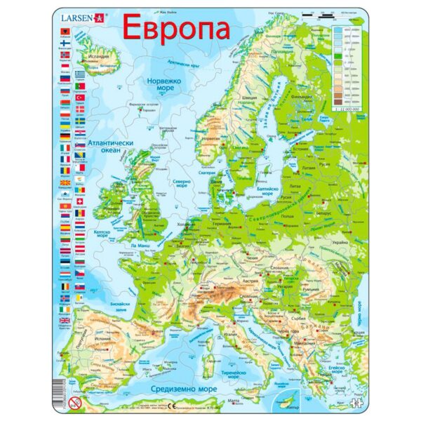Детски образователен рамков пъзел Larsen „Физическа и политическа карта на Европа“ – Maxi (87 части)